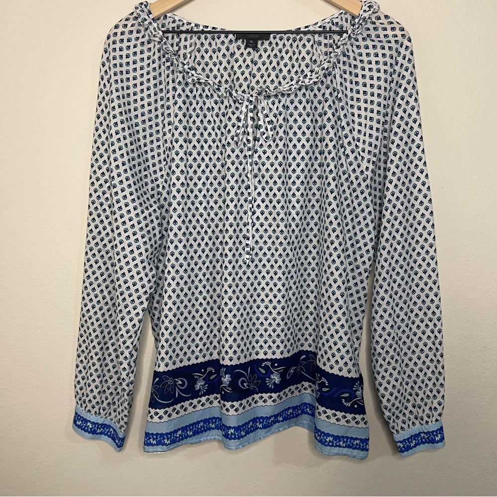 J.Crew Tie-Front Ruffle Top – Blue Ribbon Block Print – Size XL – Organic Cotton - Picture 3 of 9